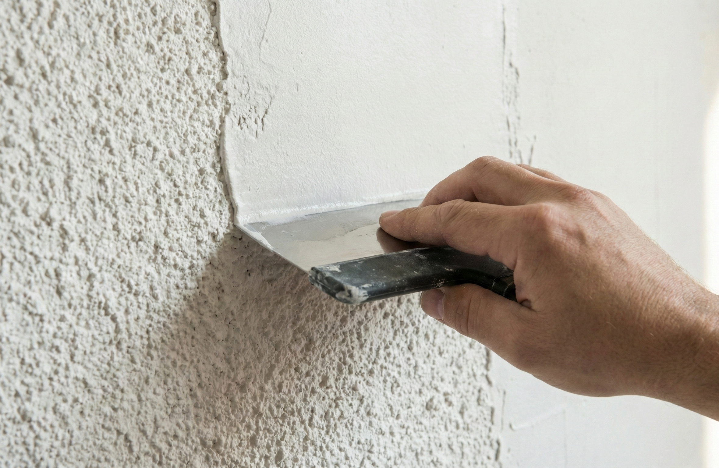 Proceso de alisar gotelé con luz rasante: Detalle de una pared alisada inspeccionada con luz rasante, mostrando una planimetría perfecta sin sombras ni imperfecciones.