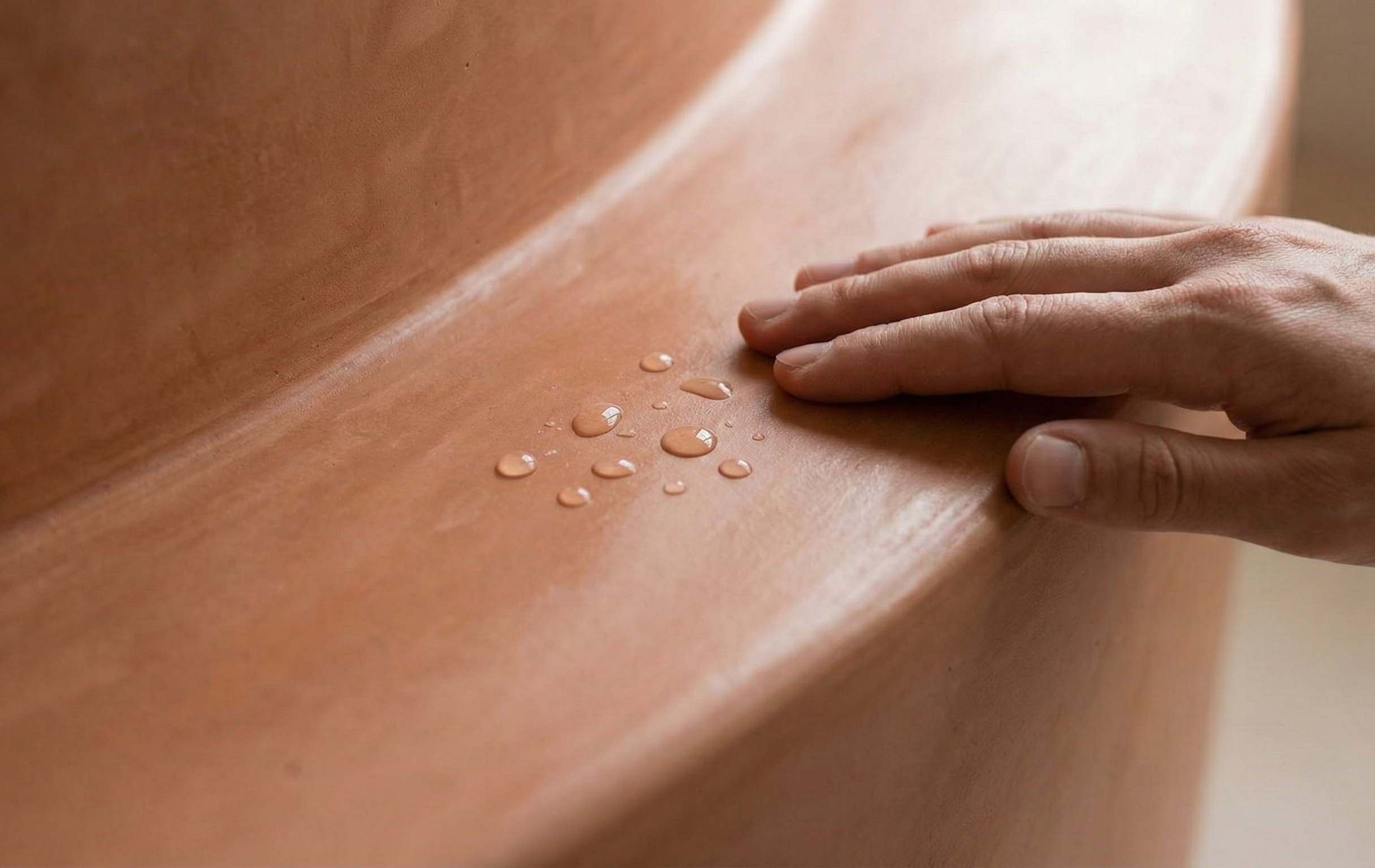 Primer plano de la textura del Tadelakt bruñido a mano, destacando su superficie lisa, satinada y resistente al agua.